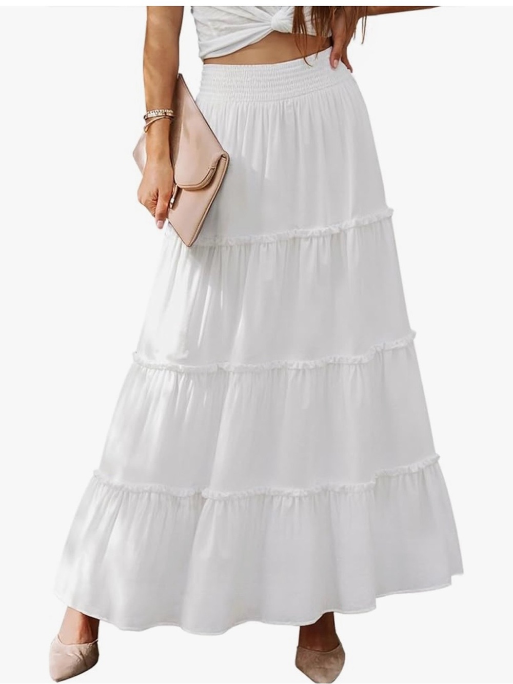 Amazon White Tiered Maxi Skirt with Smocked Waistband